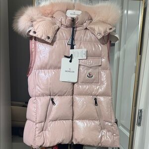 Moncler Women's Shiny Pink Vest with Fur Hood